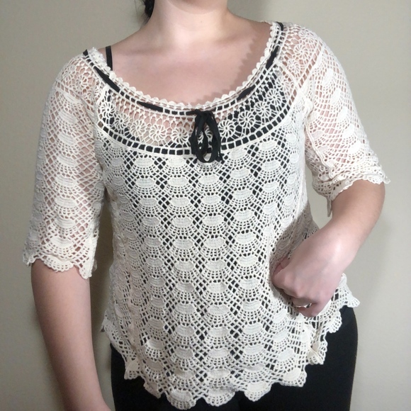 Cato Tops - Cato Crochet Boho Lace Scallop Black Ribbon Top